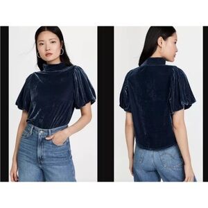 FREE PEOPLE BLUE Claudia Velvet Mock Neck‎ Women's short sleeve bohemian Top XS
